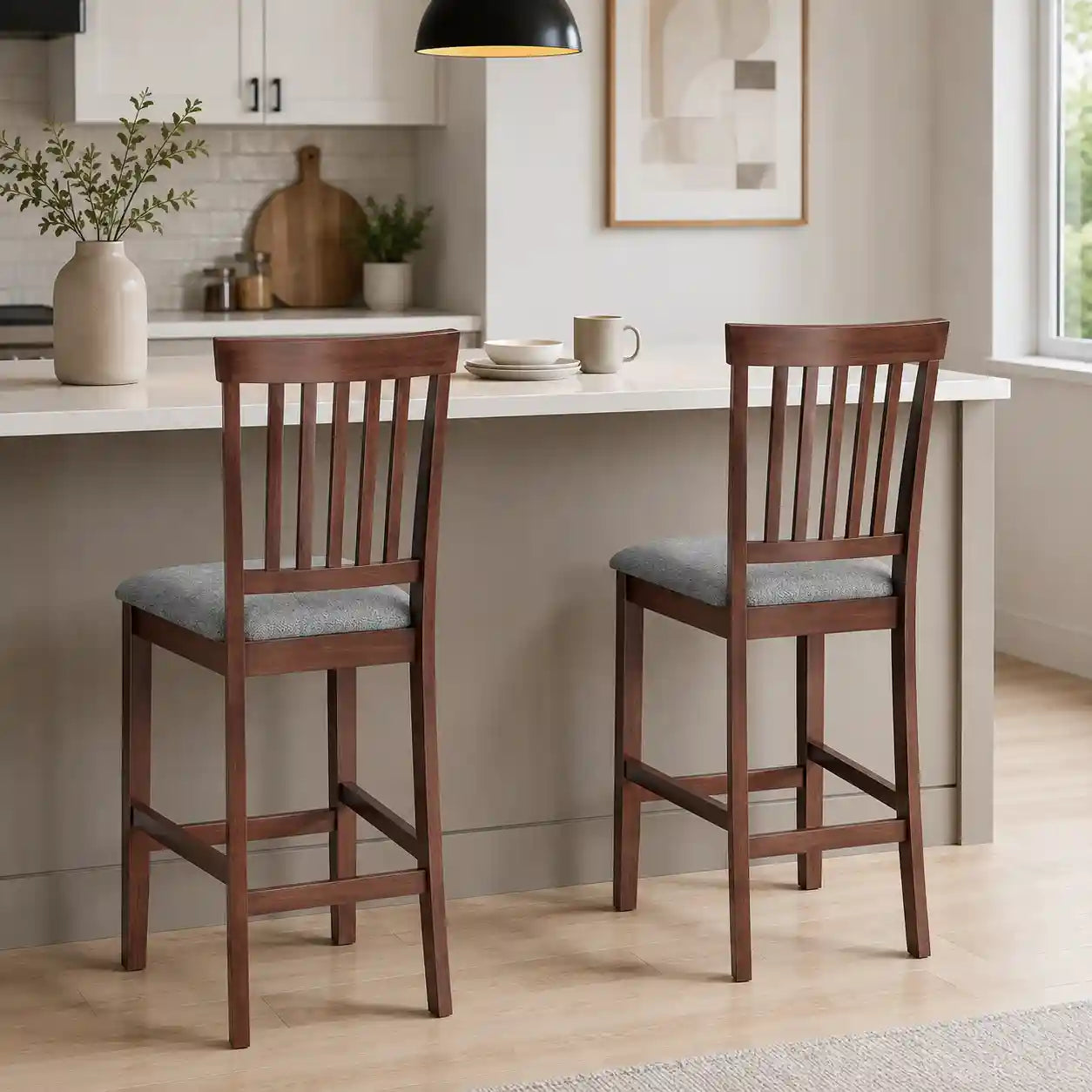 Set of 2 40.8" Counter-Height Rubberwood Bar Stools with Padded Seats and High Slat Backs