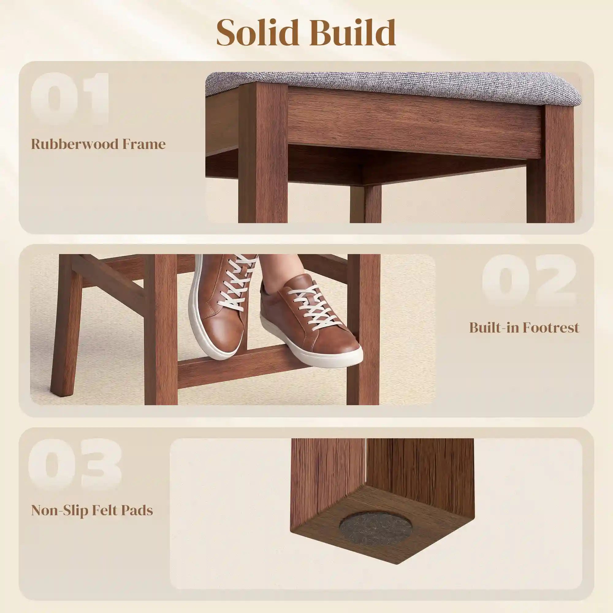 Set of 2 40.8" Counter-Height Rubberwood Bar Stools with Padded Seats and High Slat Backs