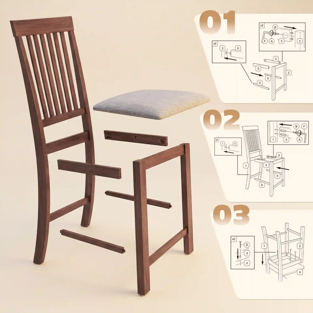 Set of 2 40.8" Counter-Height Rubberwood Bar Stools with Padded Seats and High Slat Backs