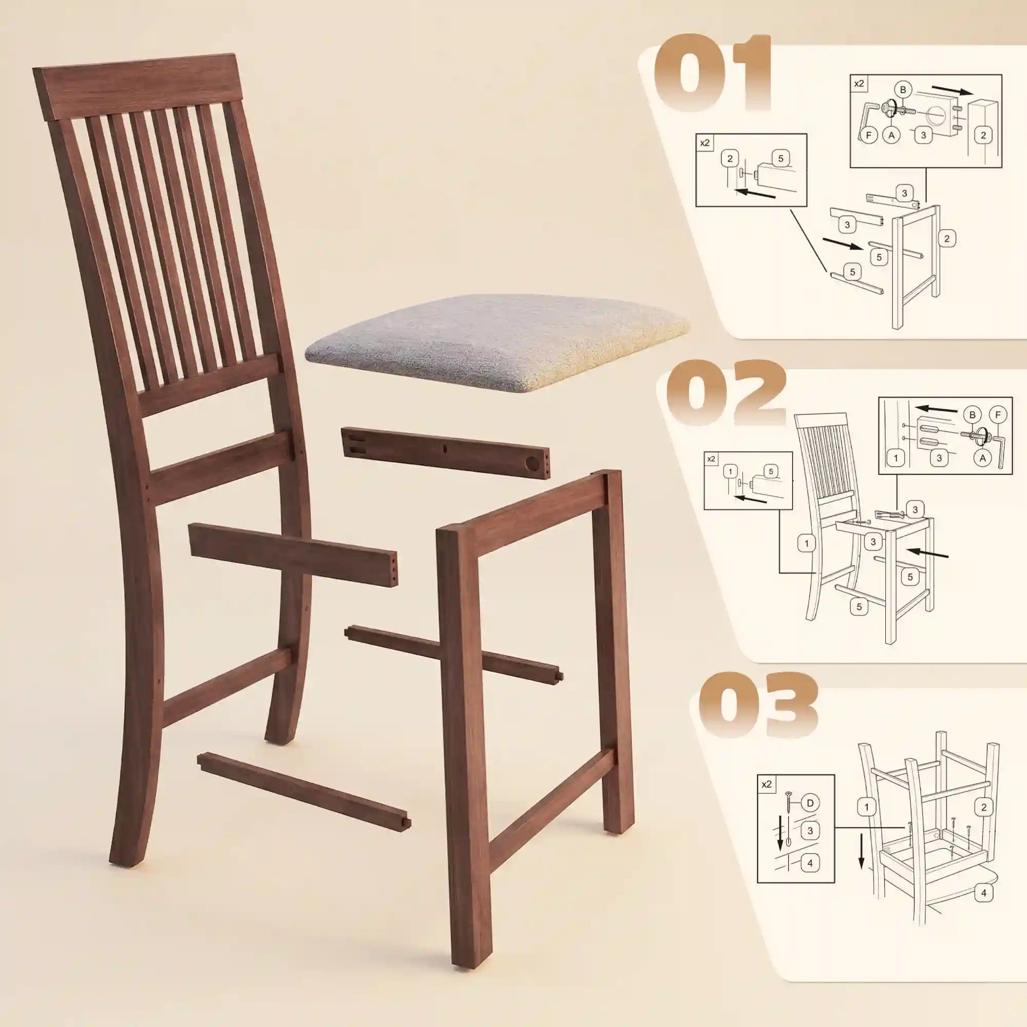 Set of 2 40.8" Counter-Height Rubberwood Bar Stools with Padded Seats and High Slat Backs