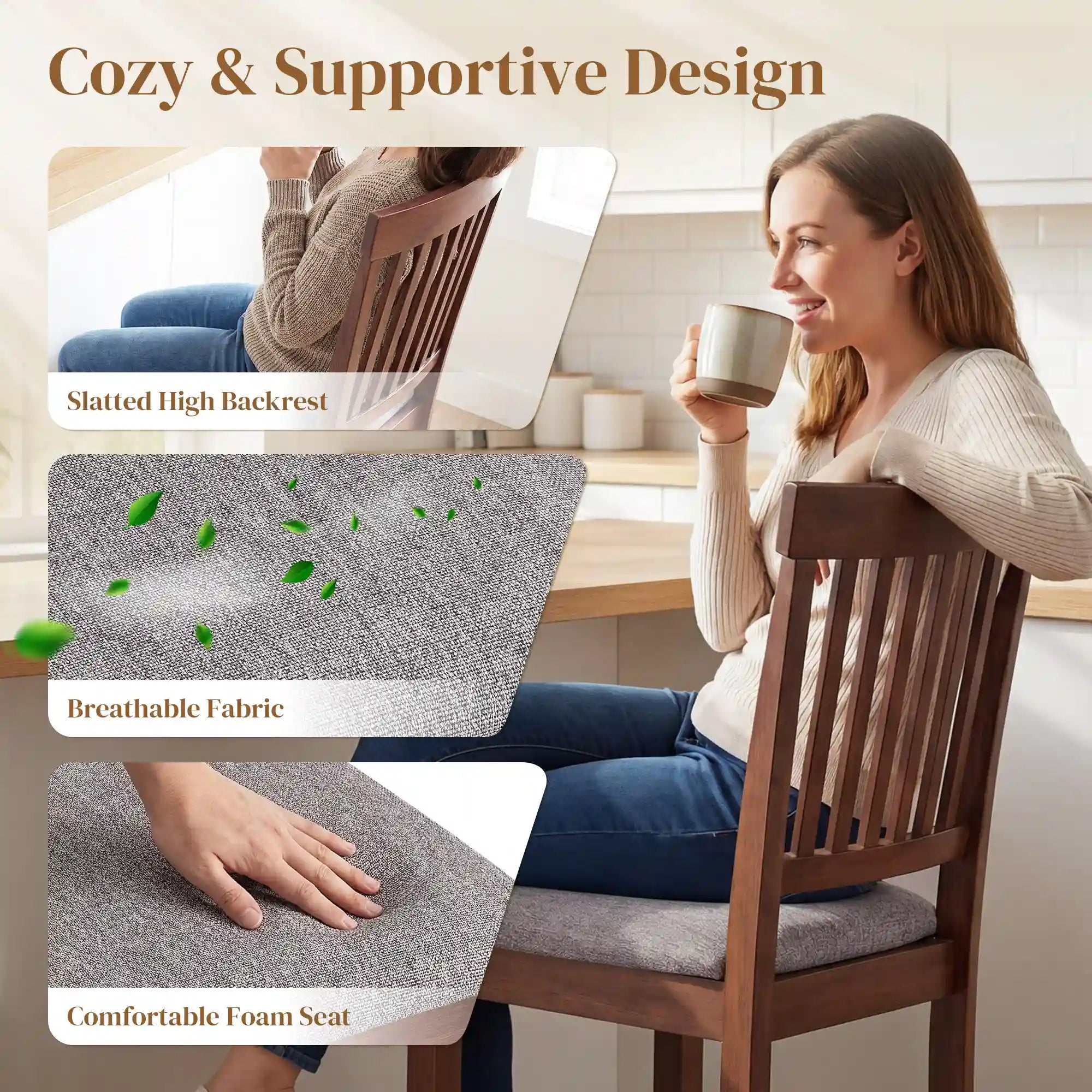 Set of 2 40.8" Counter-Height Rubberwood Bar Stools with Padded Seats and High Slat Backs