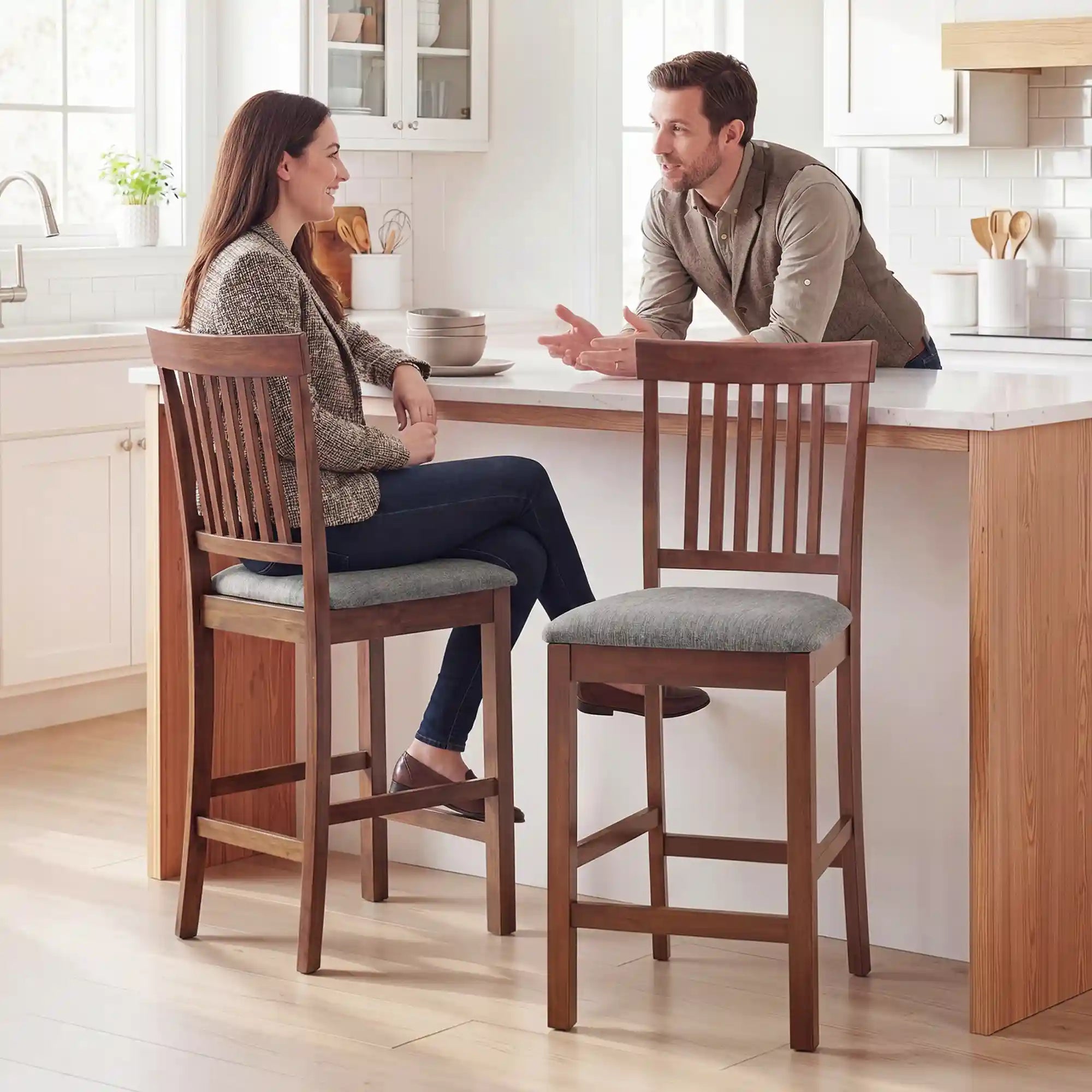 Set of 2 40.8" Counter-Height Rubberwood Bar Stools with Padded Seats and High Slat Backs