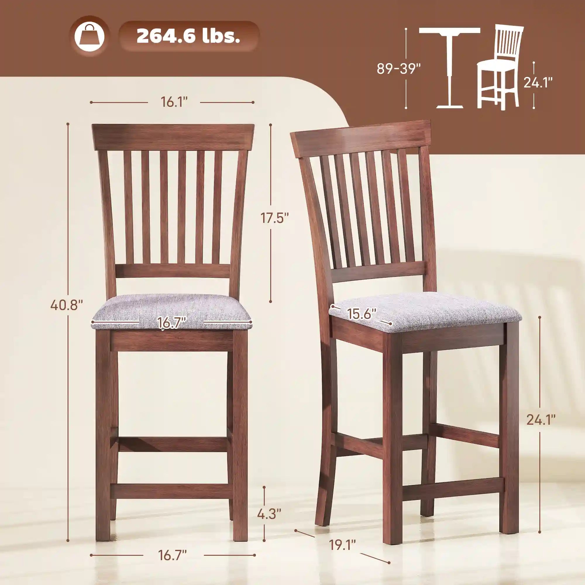 Set of 2 40.8" Counter-Height Rubberwood Bar Stools with Padded Seats and High Slat Backs