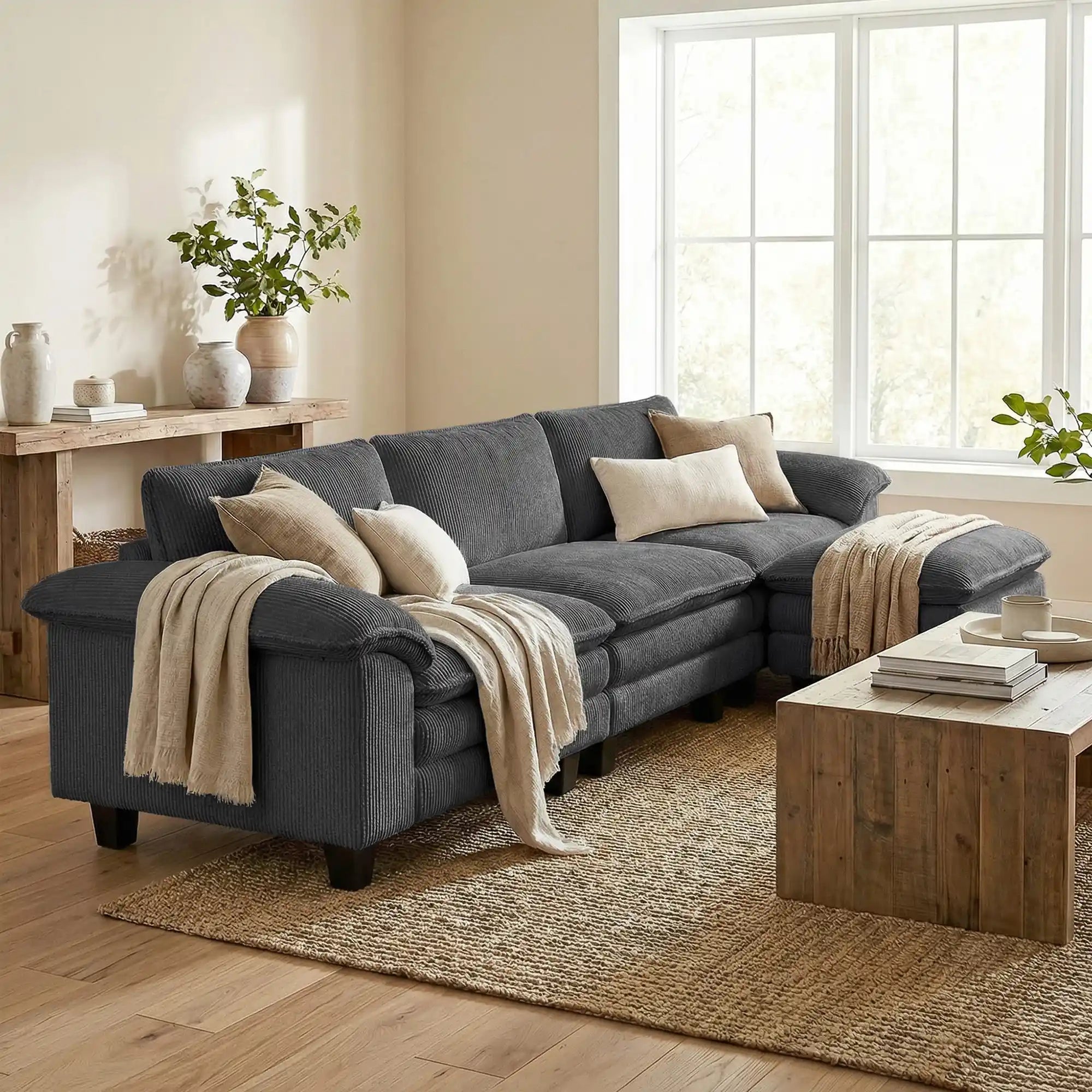 124.4" Extra-Wide Corduroy Sectional Sofa with Movable Ottoman and Pillow-Top Arms