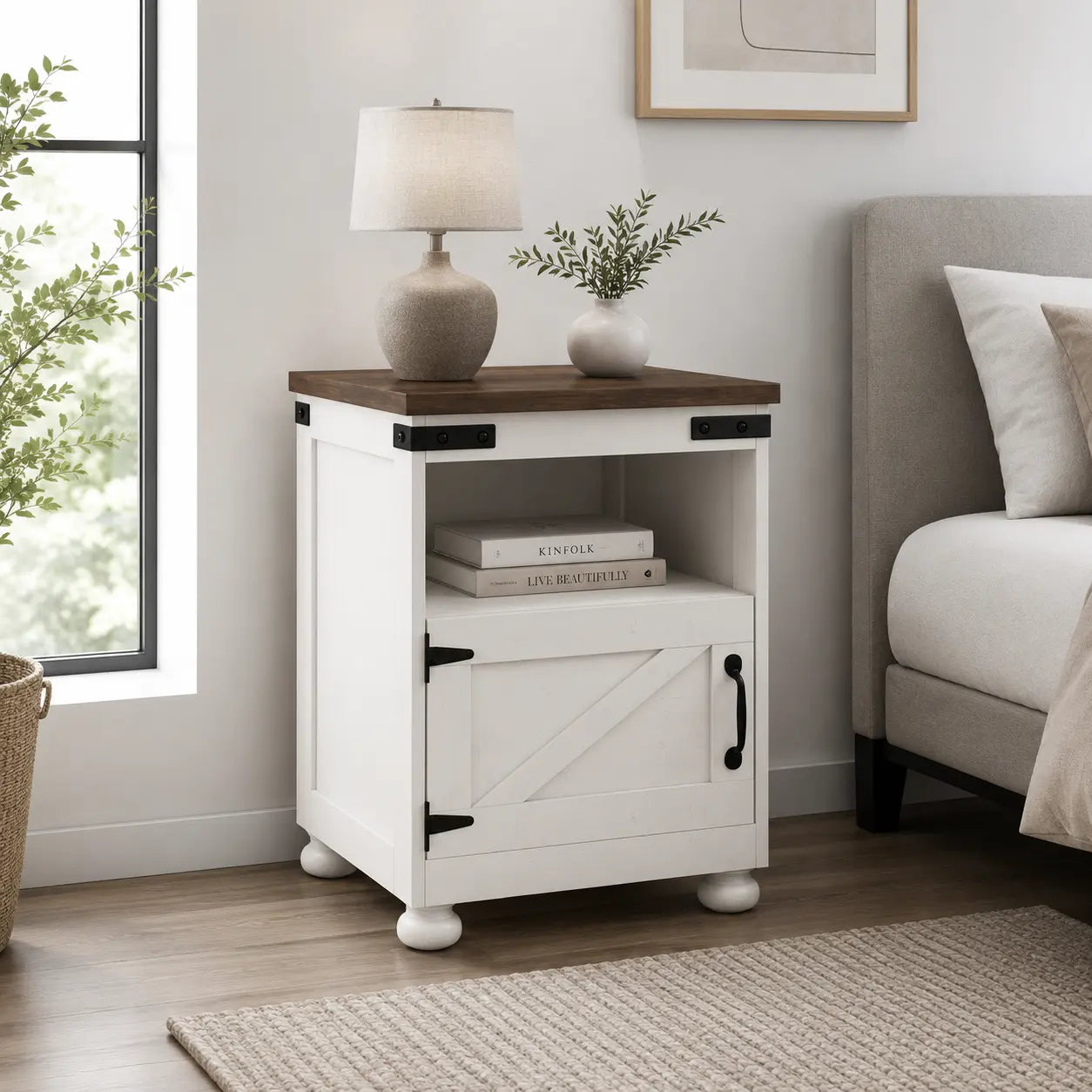 Farmhouse Side Table with Open Shelf and Cabinet Storage