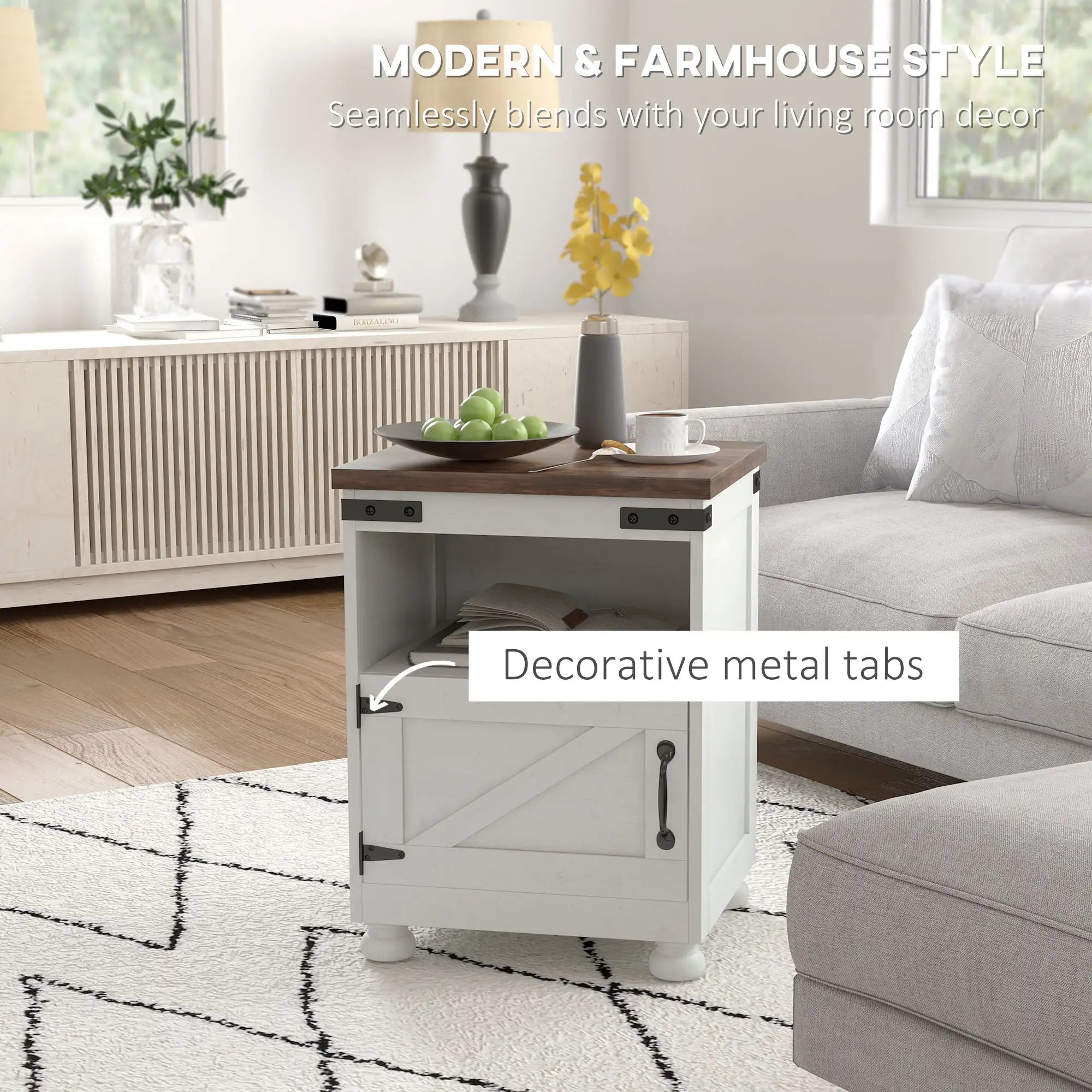 Farmhouse Side Table with Open Shelf and Cabinet Storage