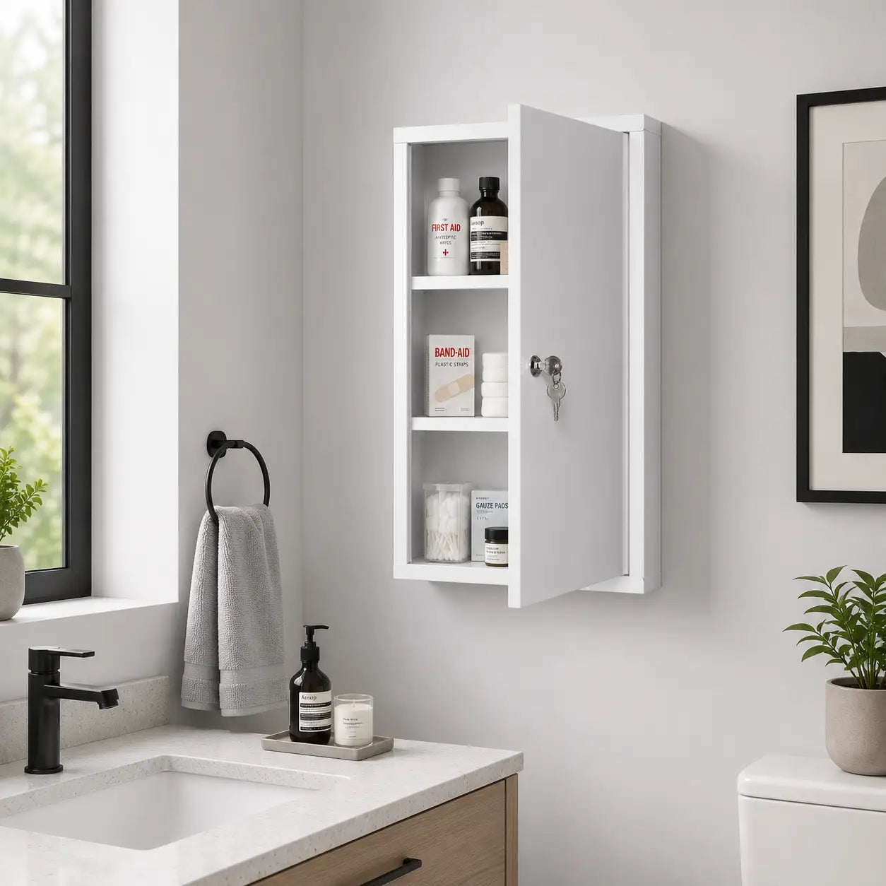 Lockable 3-Tier Steel Medicine Cabinet with 2 Keys