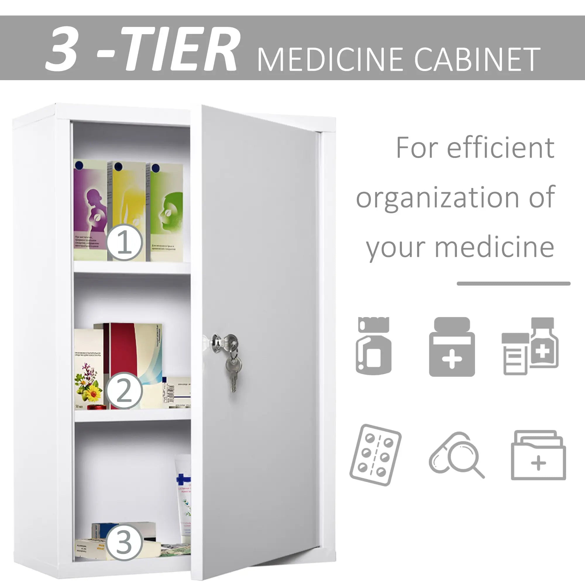 Lockable 3-Tier Steel Medicine Cabinet with 2 Keys
