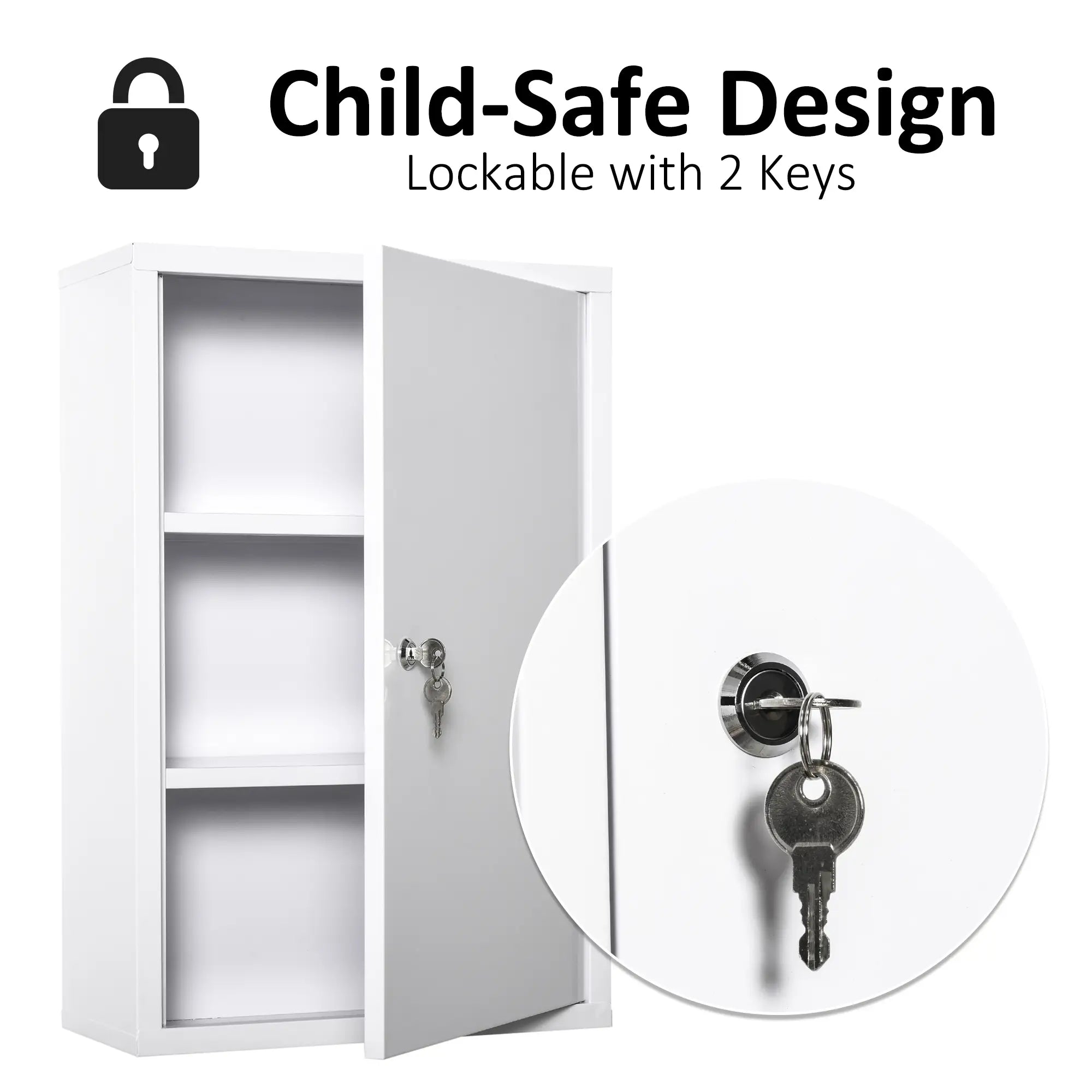 Lockable 3-Tier Steel Medicine Cabinet with 2 Keys