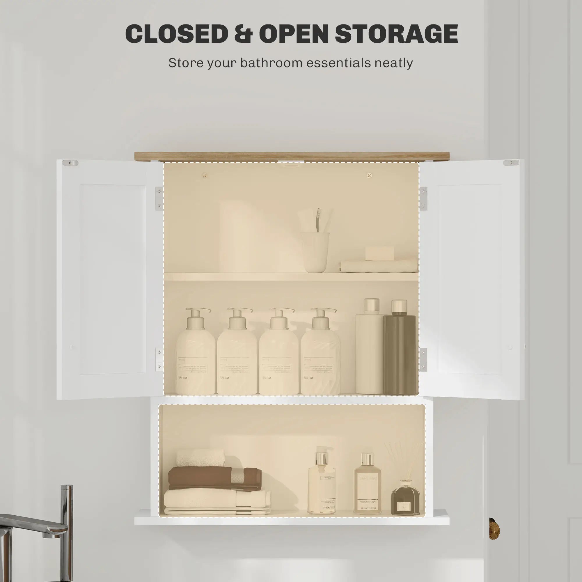 Wall-Mounted Bathroom Cabinet with Double Doors, Adjustable Shelf and Open Storage