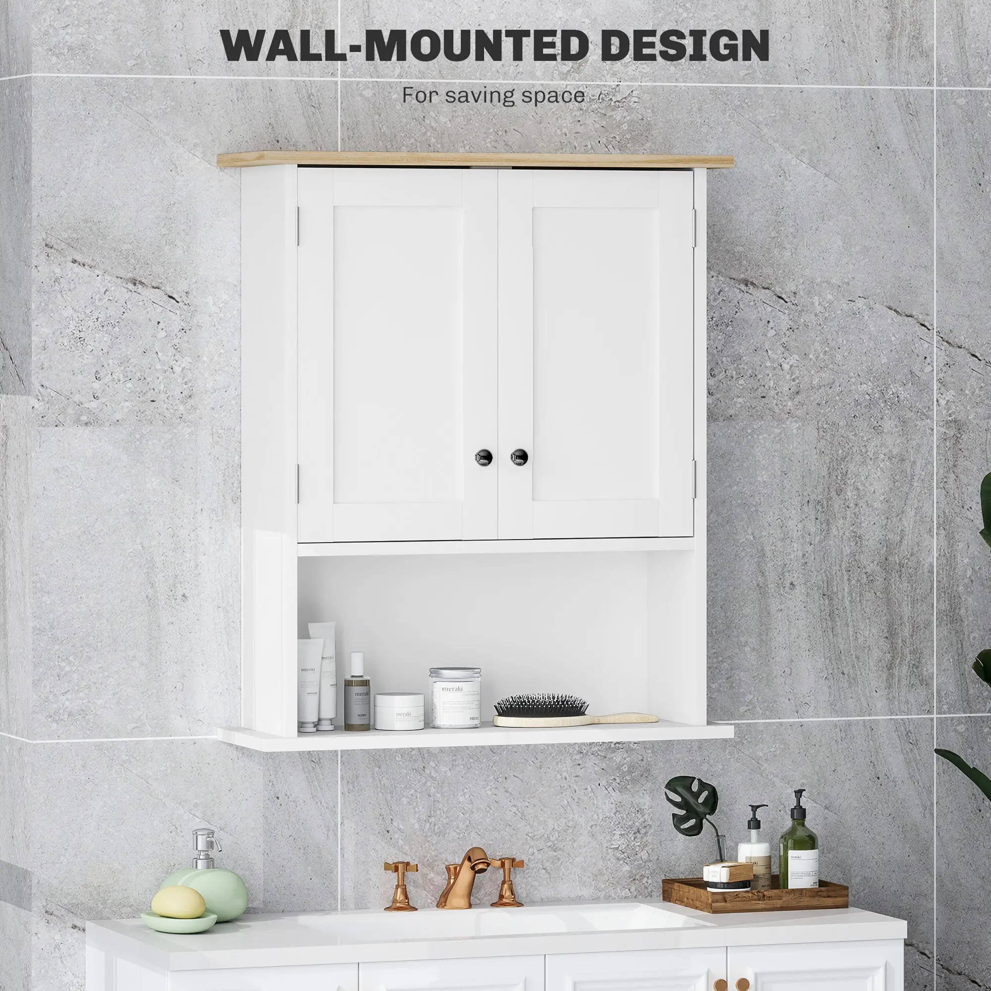Wall-Mounted Bathroom Cabinet with Double Doors, Adjustable Shelf and Open Storage