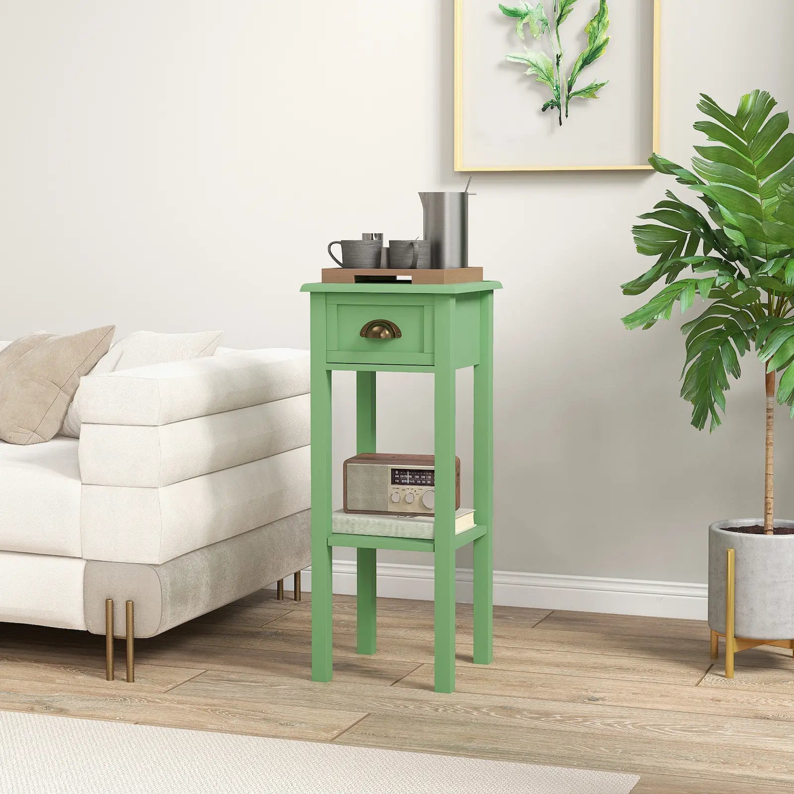Narrow 2-Tier Side Table with Drawer and Open Storage Shelf