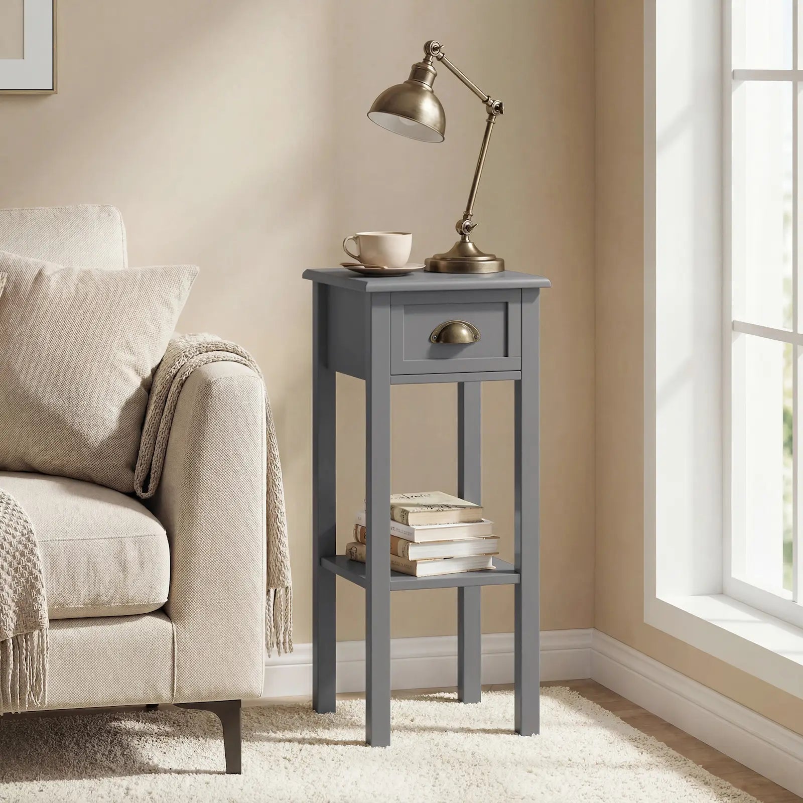 Narrow 2-Tier Side Table with Drawer and Open Storage Shelf