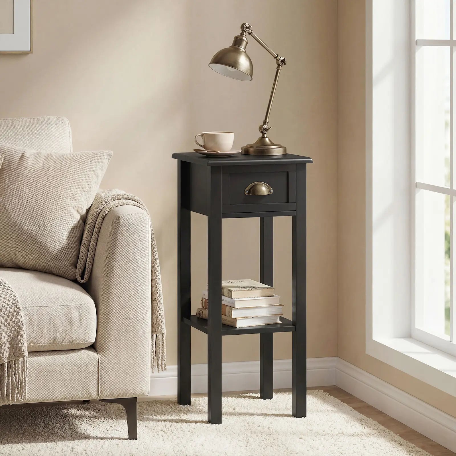 Narrow 2-Tier Side Table with Drawer and Open Storage Shelf