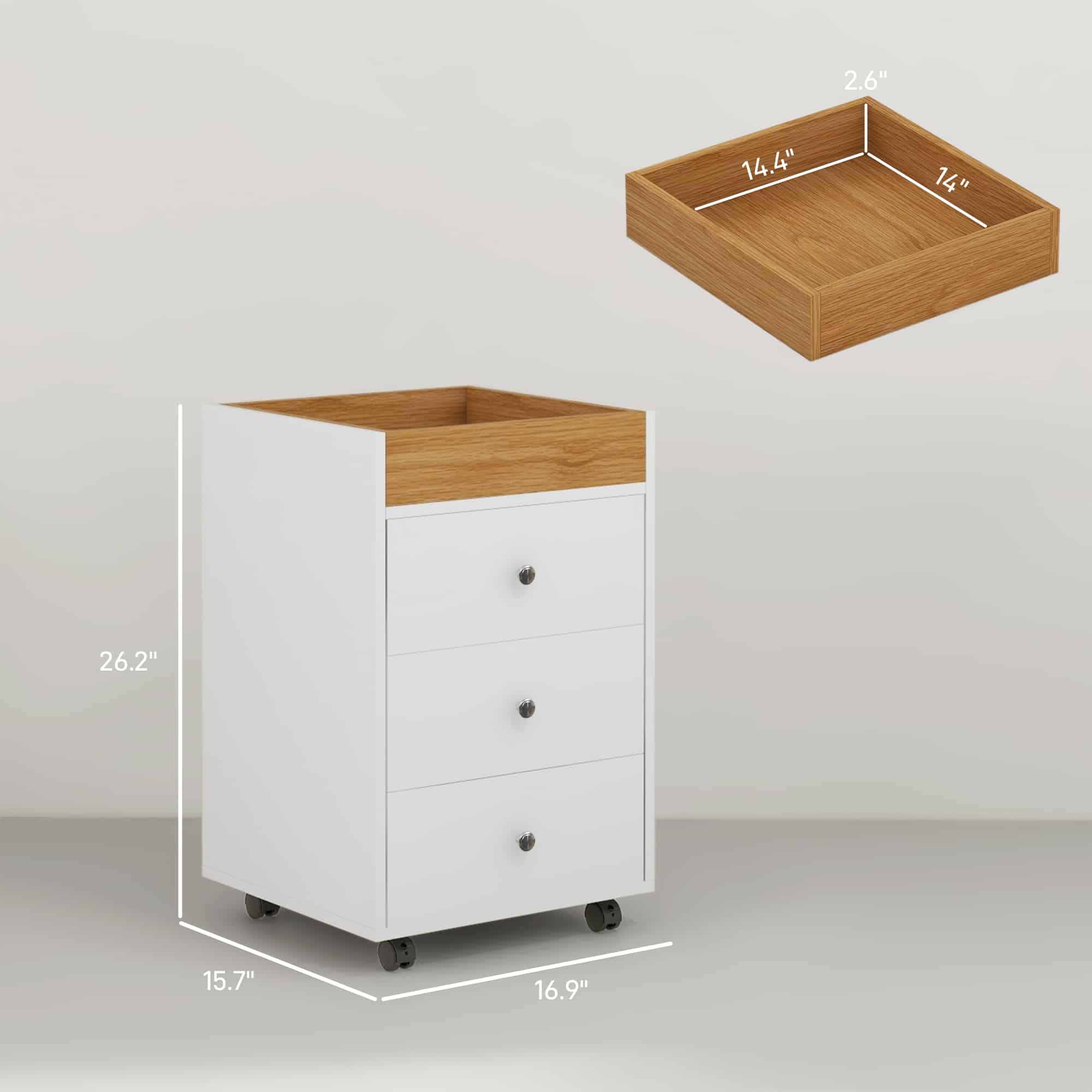 26.2" 3-Drawer Rolling File Cabinet with Removable Top Tray and Locking Casters