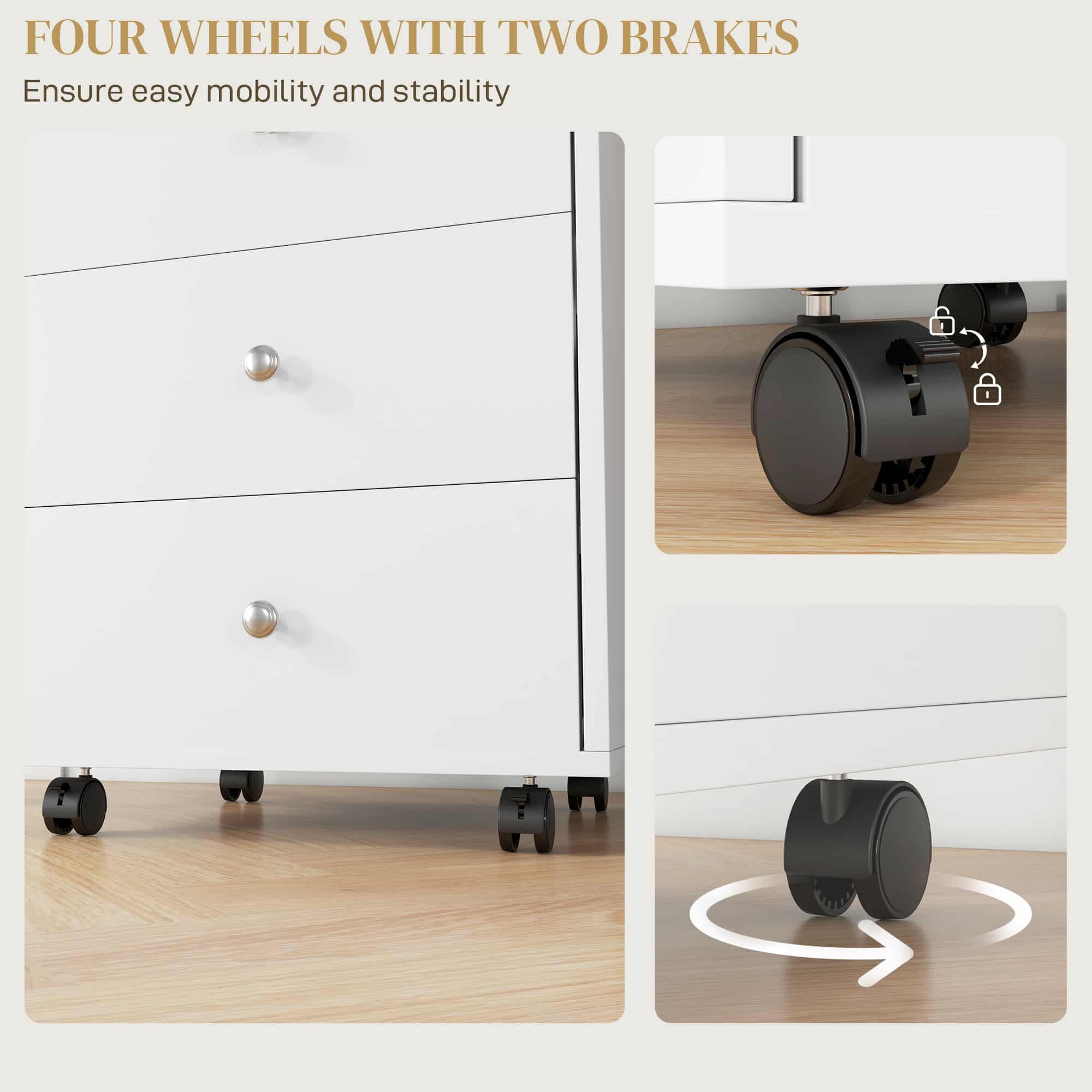 26.2" 3-Drawer Rolling File Cabinet with Removable Top Tray and Locking Casters
