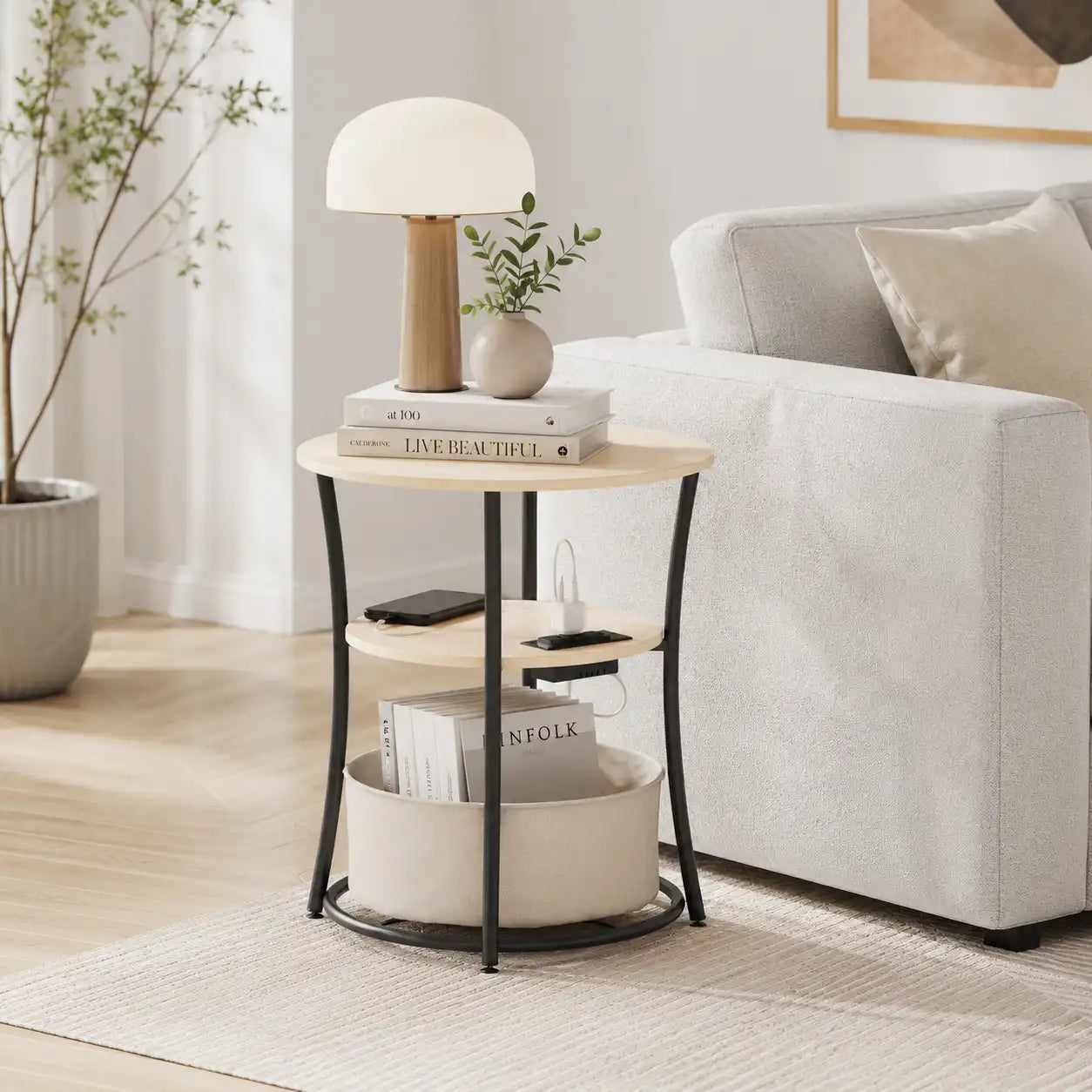 3-Tier Round End Table with Charging Station and Fabric Storage Basket