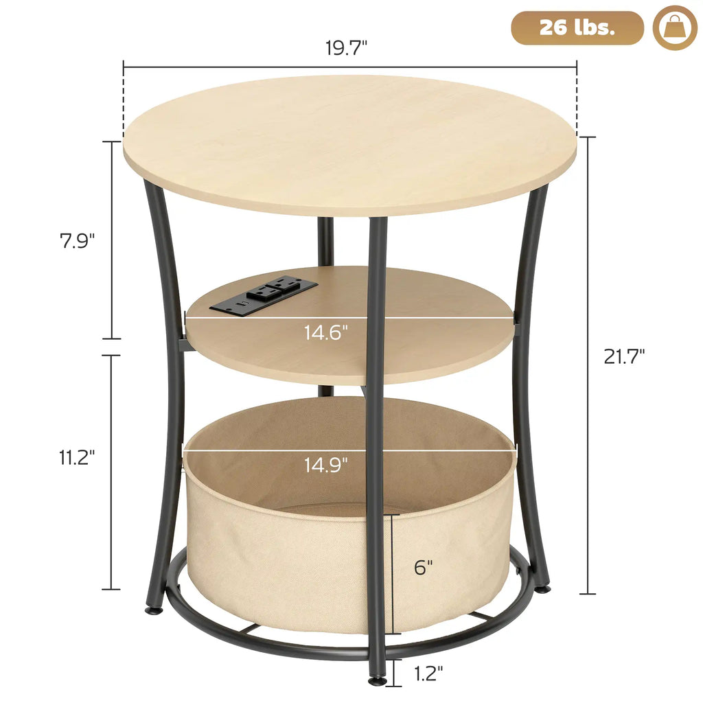 3-Tier Round End Table with Charging Station and Fabric Storage Basket