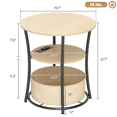 3-Tier Round End Table with Charging Station and Fabric Storage Basket