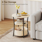 3-Tier Round End Table with Charging Station and Fabric Storage Basket