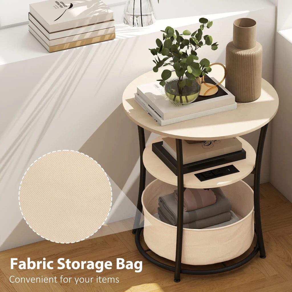 3-Tier Round End Table with Charging Station and Fabric Storage Basket