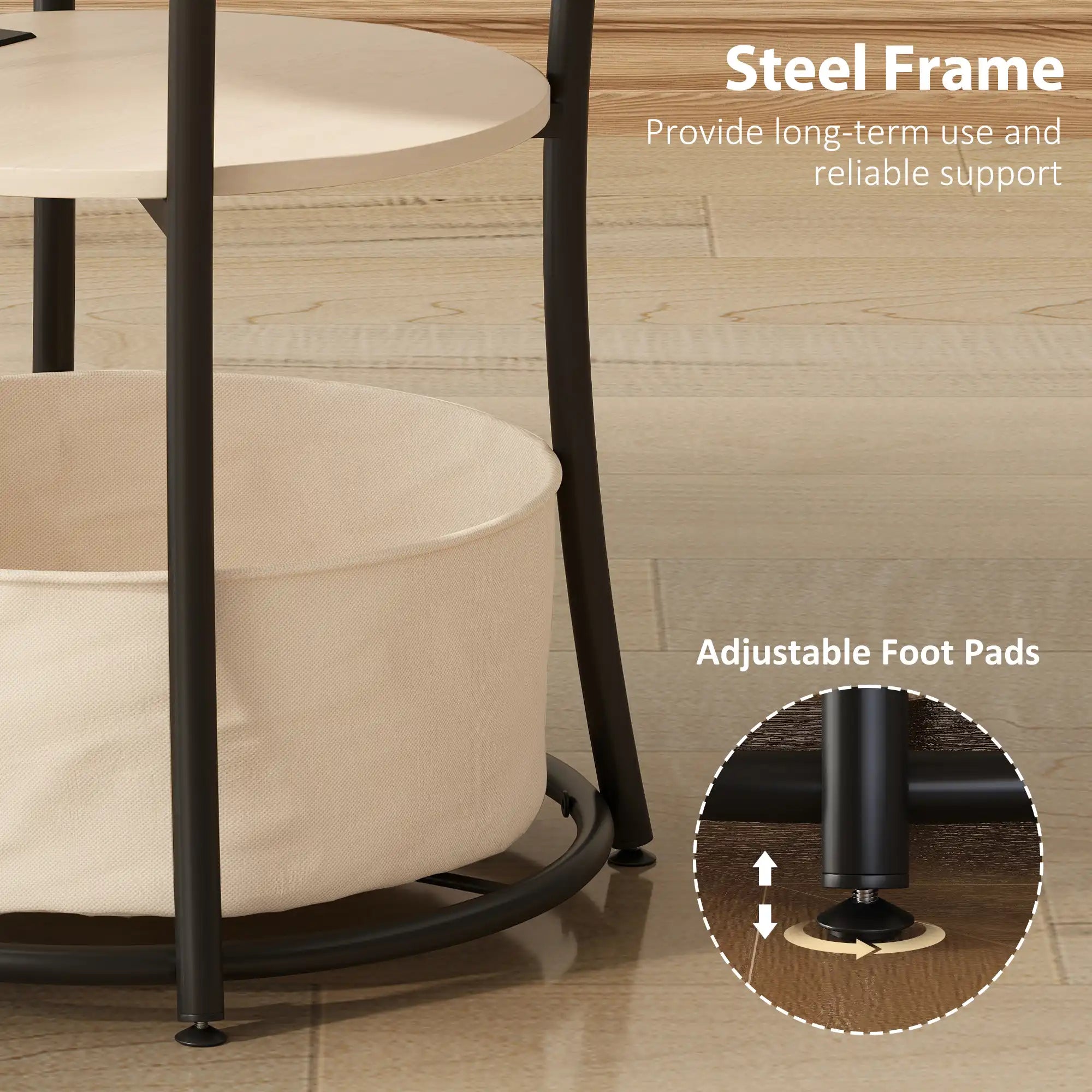 3-Tier Round End Table with Charging Station and Fabric Storage Basket