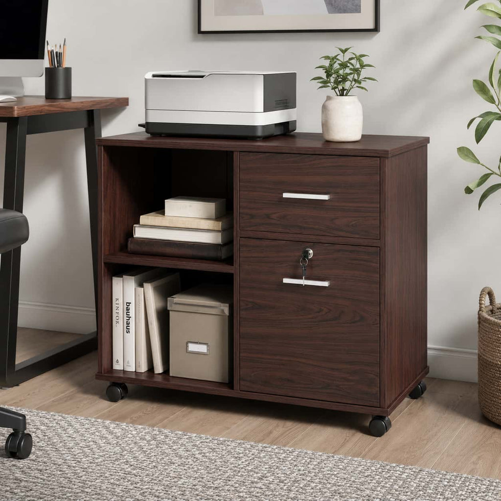34" Mobile Lateral File Cabinet and Printer Stand with Lockable Drawer, Open Shelves and Casters