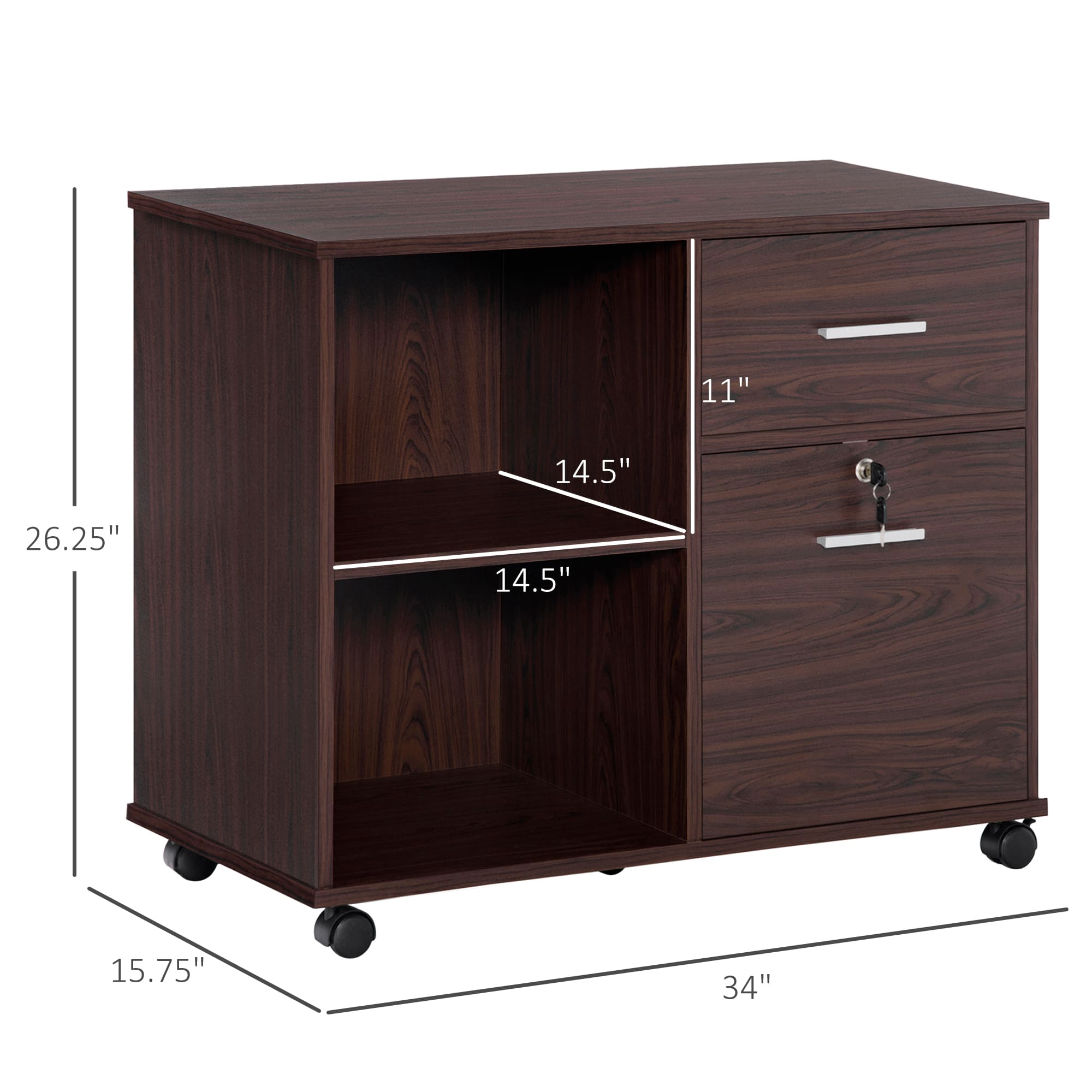 34" Mobile Lateral File Cabinet and Printer Stand with Lockable Drawer, Open Shelves and Casters