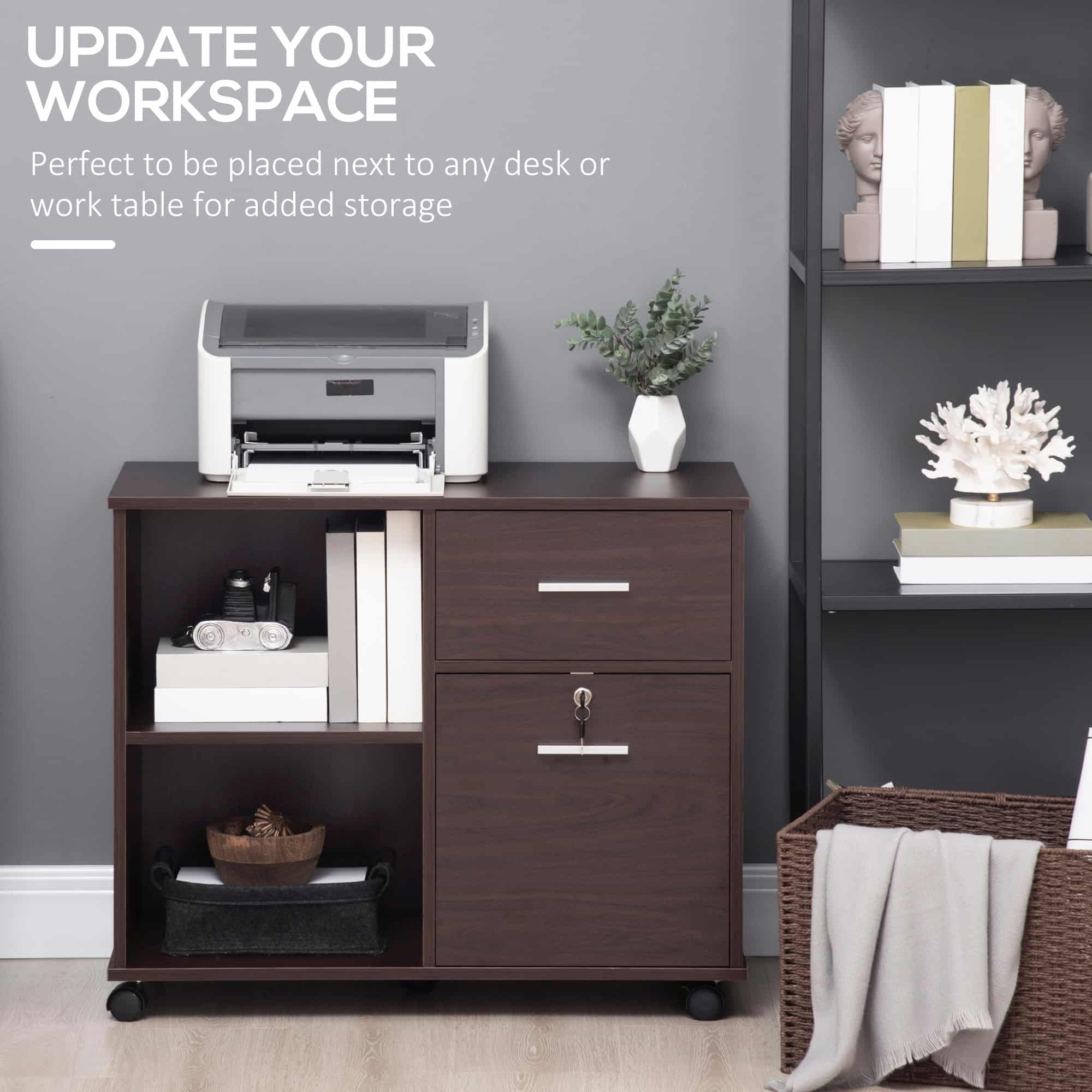34" Mobile Lateral File Cabinet and Printer Stand with Lockable Drawer, Open Shelves and Casters