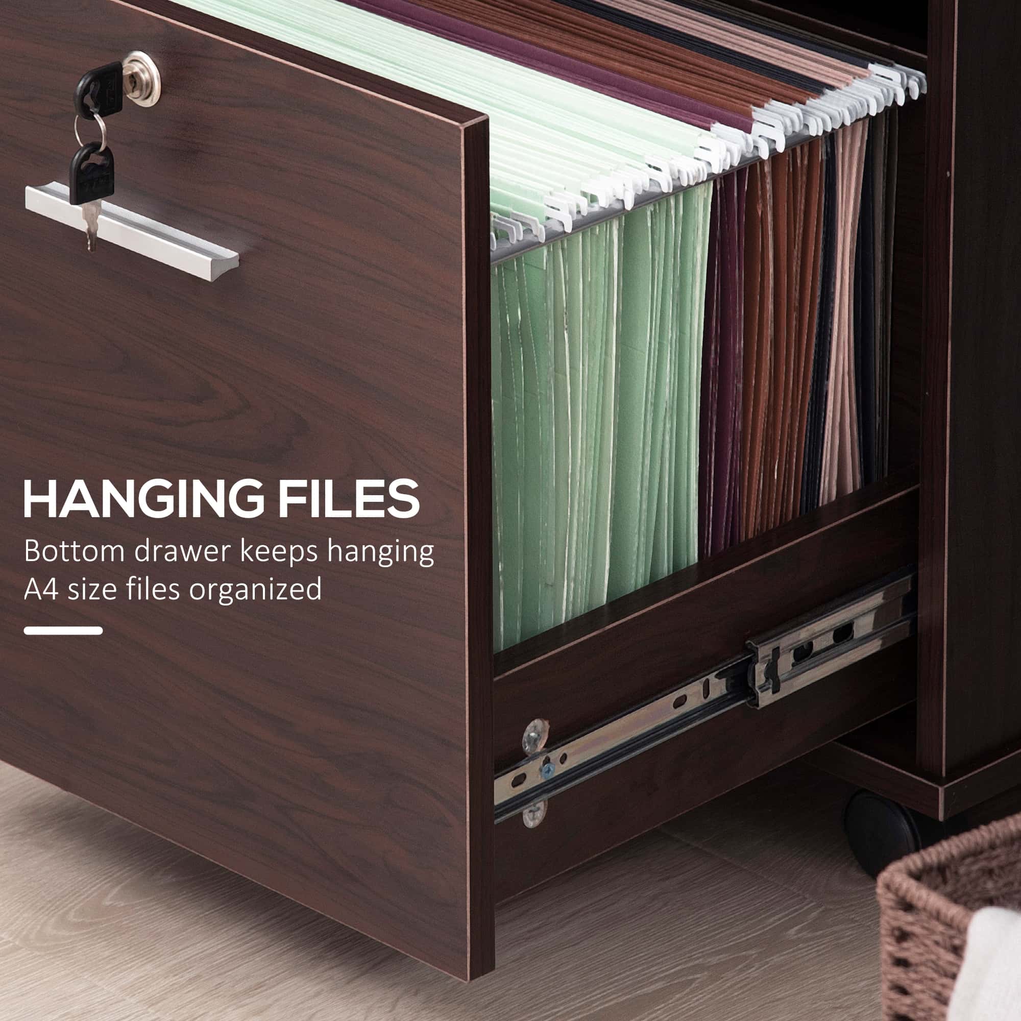 34" Mobile Lateral File Cabinet and Printer Stand with Lockable Drawer, Open Shelves and Casters