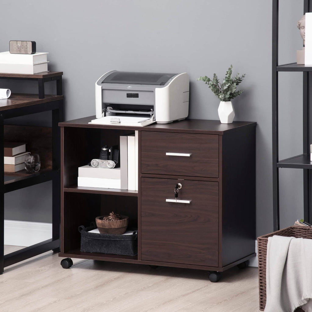 34" Mobile Lateral File Cabinet and Printer Stand with Lockable Drawer, Open Shelves and Casters