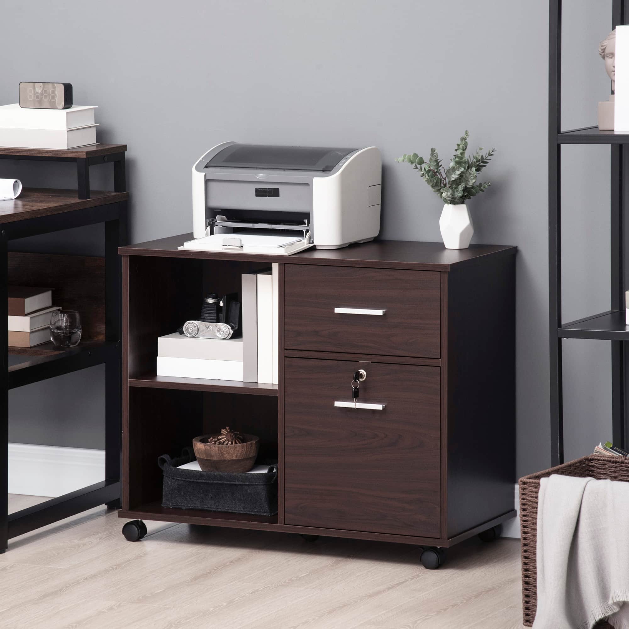 34" Mobile Lateral File Cabinet and Printer Stand with Lockable Drawer, Open Shelves and Casters