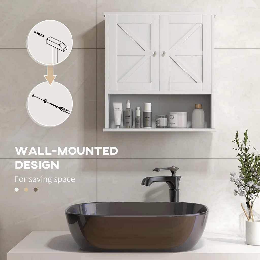 Farmhouse Wall-Mounted Bathroom Cabinet with Barn Doors, Adjustable Shelf and Open Storage