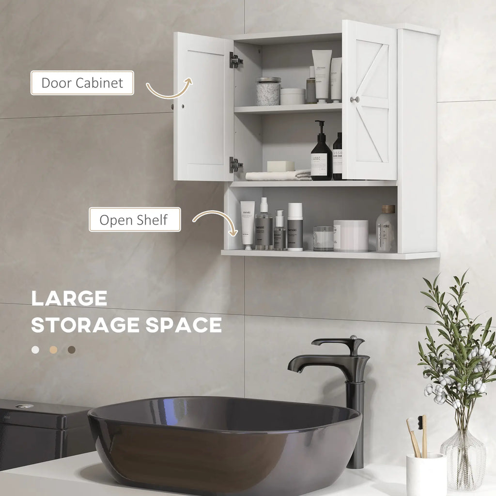 Farmhouse Wall-Mounted Bathroom Cabinet with Barn Doors, Adjustable Shelf and Open Storage