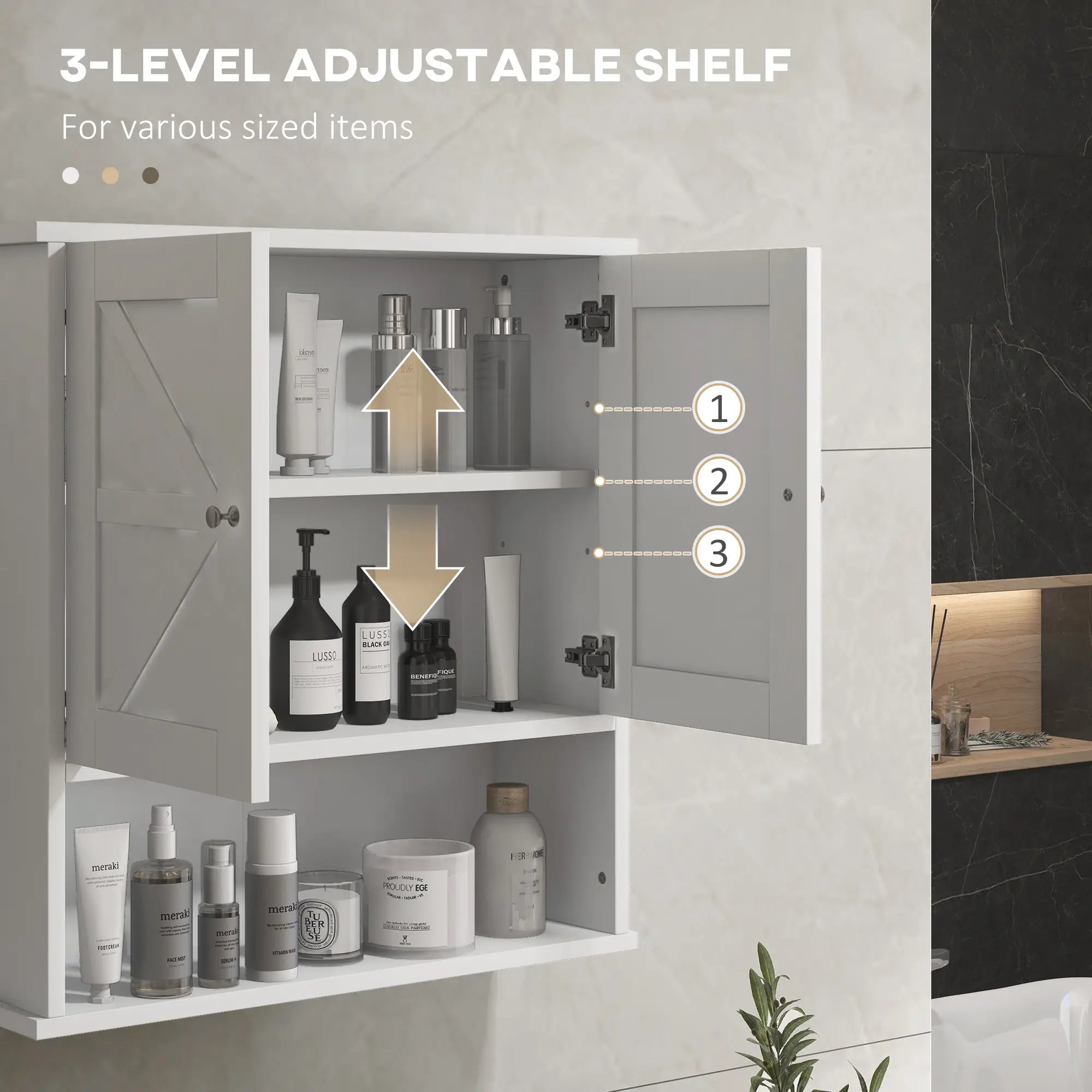 Farmhouse Wall-Mounted Bathroom Cabinet with Barn Doors, Adjustable Shelf and Open Storage