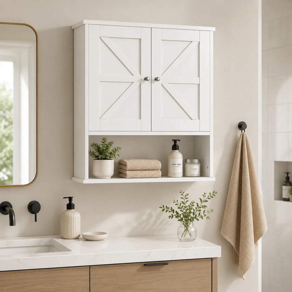 Farmhouse Wall-Mounted Bathroom Cabinet with Barn Doors, Adjustable Shelf and Open Storage