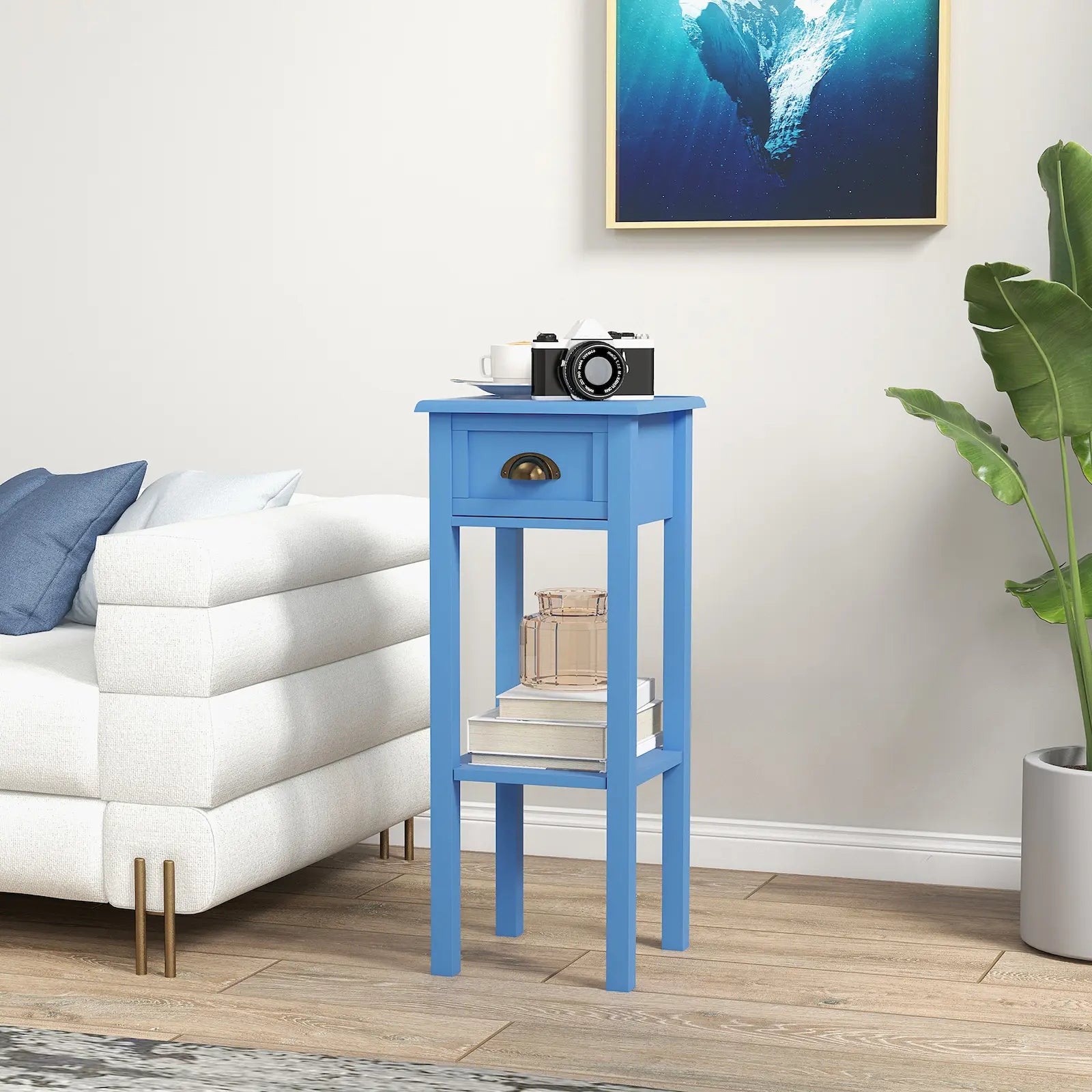 Narrow 2-Tier Side Table with Drawer and Open Storage Shelf