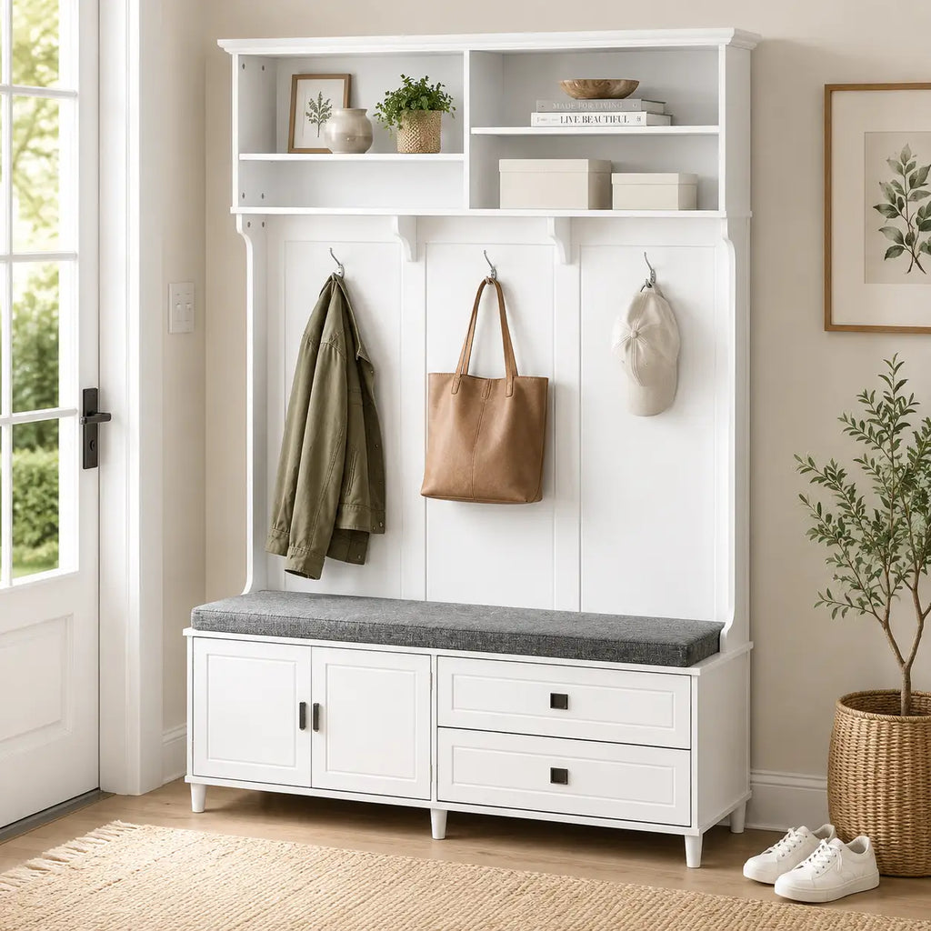 59" Hall Tree with Storage Bench, Open Shelves, Cabinet & Drawers for Entryway
