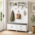 59" Hall Tree with Storage Bench, Open Shelves, Cabinet & Drawers for Entryway