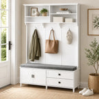 59" Hall Tree with Storage Bench, Open Shelves, Cabinet & Drawers for Entryway