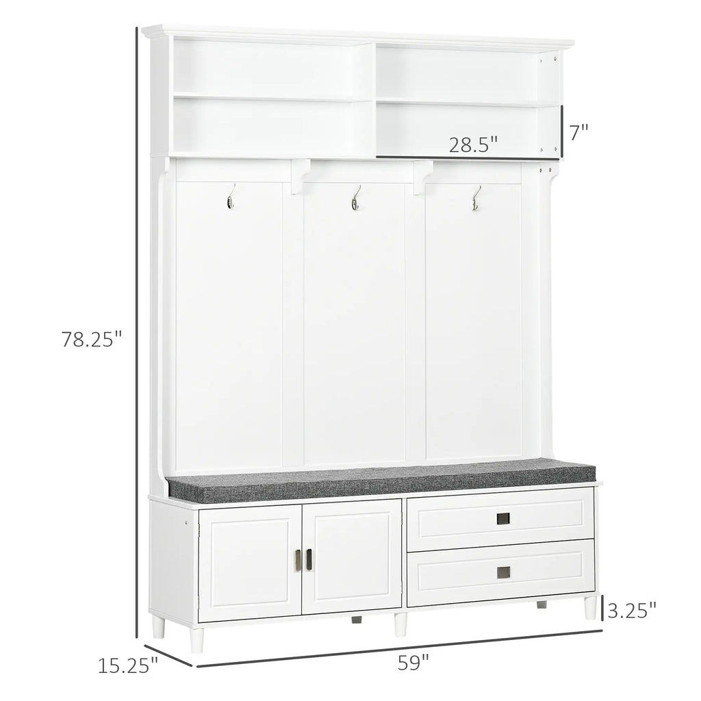 59" Hall Tree with Storage Bench, Open Shelves, Cabinet & Drawers for Entryway