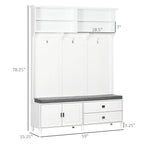 59" Hall Tree with Storage Bench, Open Shelves, Cabinet & Drawers for Entryway