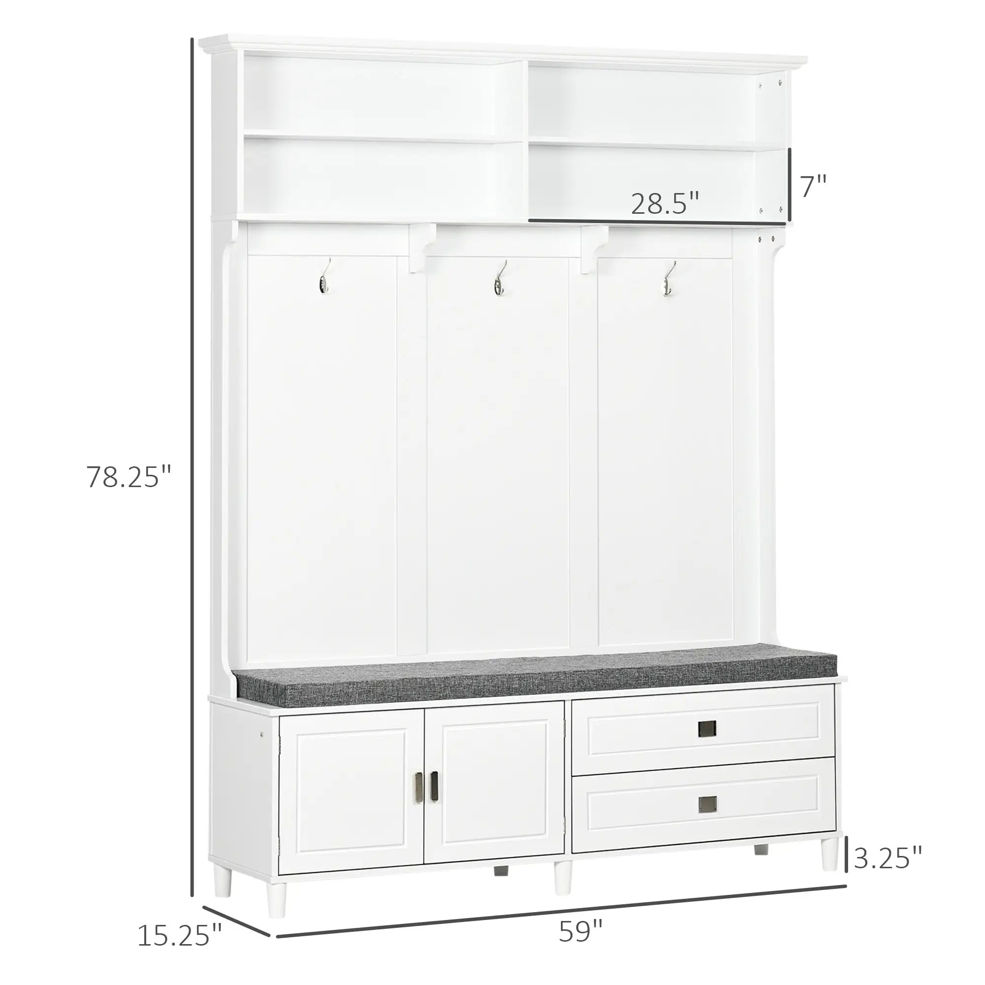59" Hall Tree with Storage Bench, Open Shelves, Cabinet & Drawers for Entryway