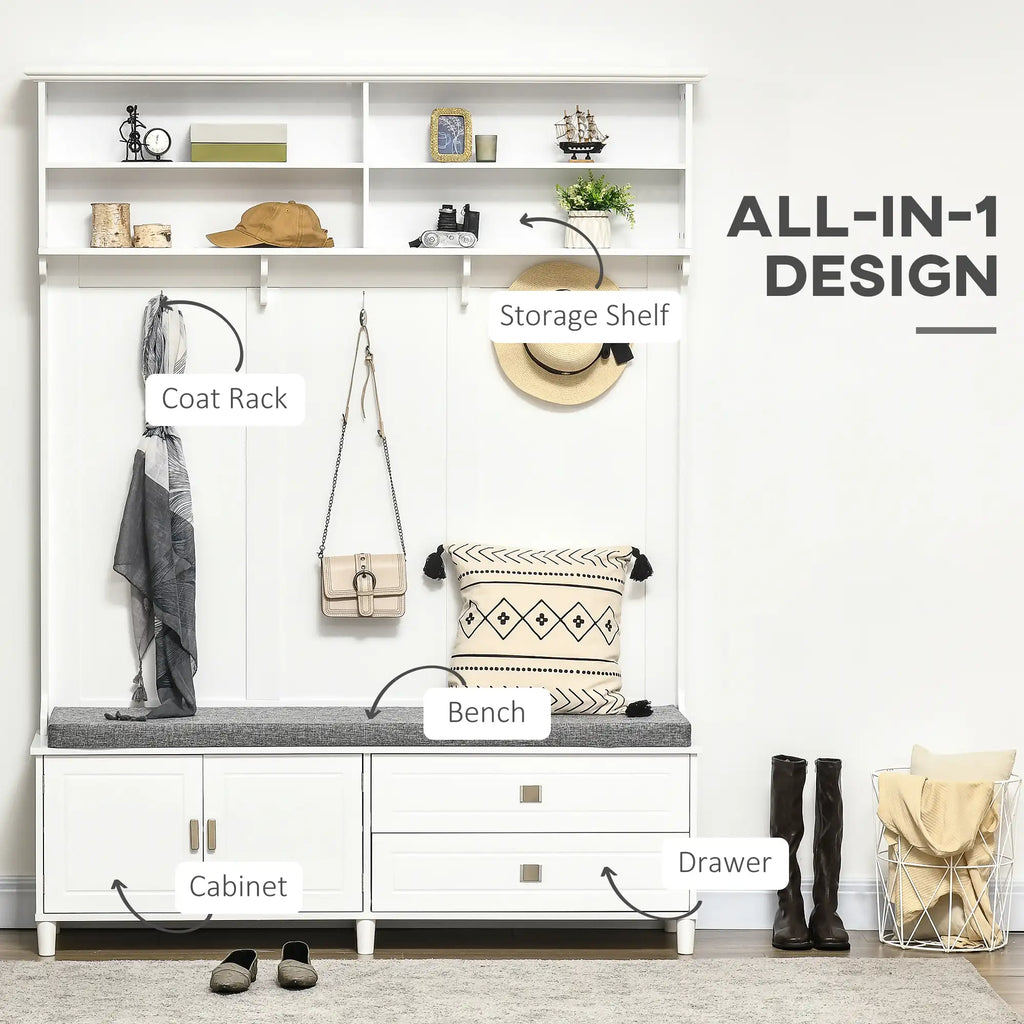 59" Hall Tree with Storage Bench, Open Shelves, Cabinet & Drawers for Entryway