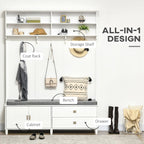 59" Hall Tree with Storage Bench, Open Shelves, Cabinet & Drawers for Entryway