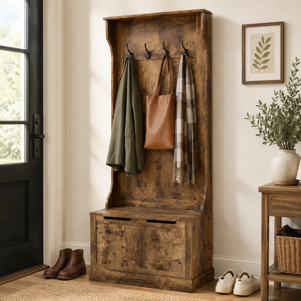 67" Rustic Entryway Hall Tree with Storage Bench and 4 Double Coat Hooks