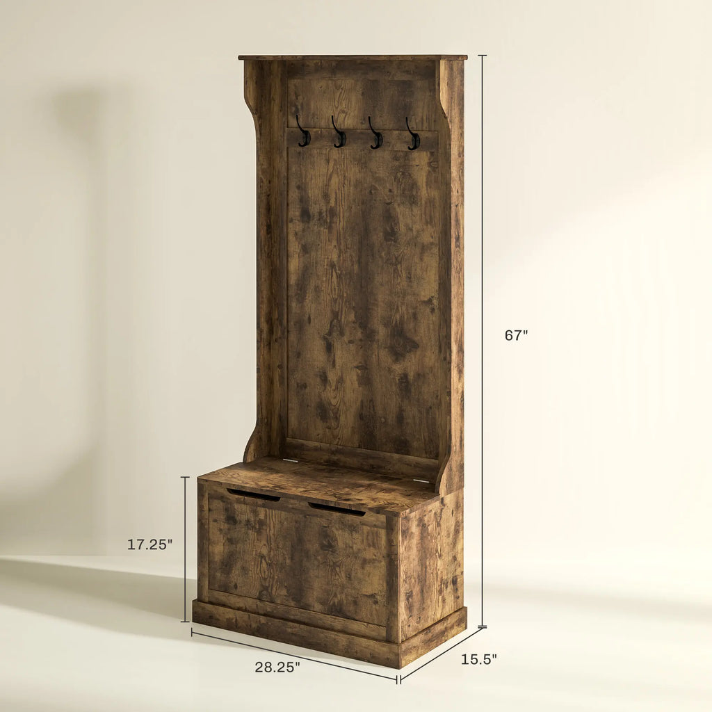 67" Rustic Entryway Hall Tree with Storage Bench and 4 Double Coat Hooks