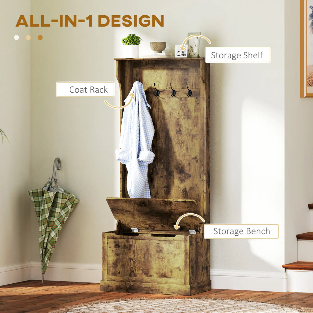 67" Rustic Entryway Hall Tree with Storage Bench and 4 Double Coat Hooks