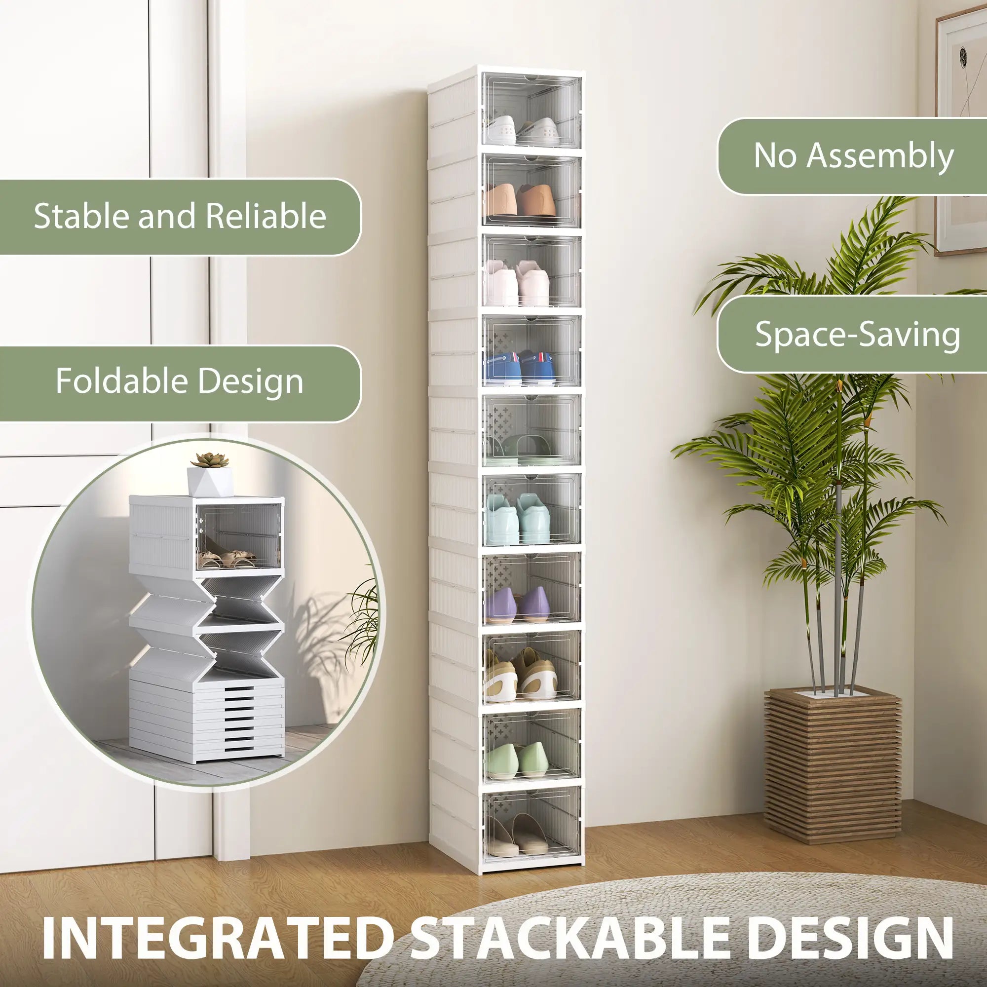 10-Pack Foldable Stackable Shoe Storage Boxes with Clear Drop-Front Doors, Fits Up to Men’s Size 10