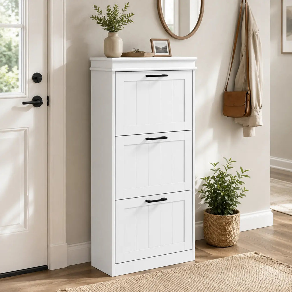 46.25" Narrow Shoe Storage Cabinet with 3 Flip Drawers and Adjustable Shelves